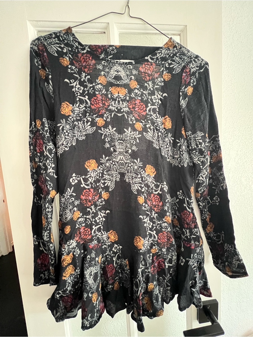 Free People Floral Ruffle-Hem Long Sleeve Top - Black with Rose Print